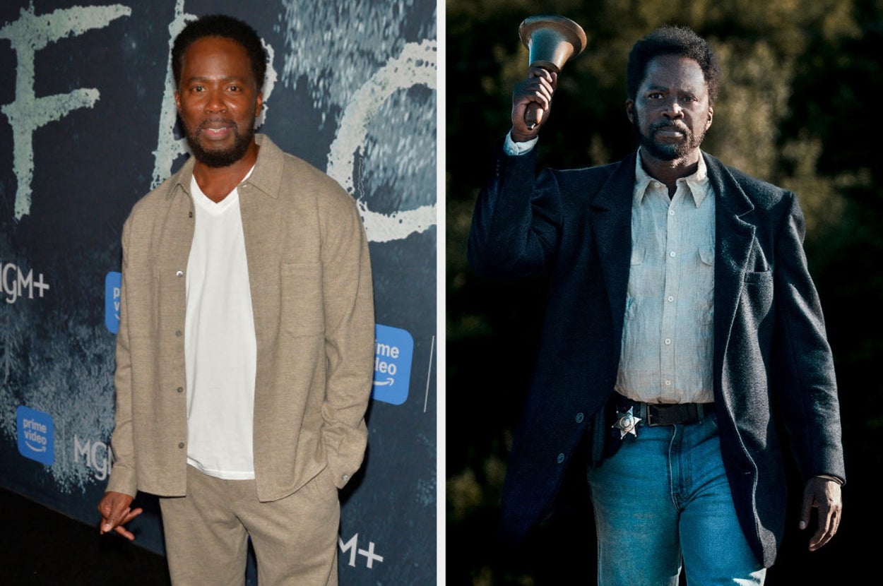 Harold Perrineau in two photos: on the left at a MGM+ event in casual attire, and on the right in a scene holding a bell, wearing a sheriff outfit