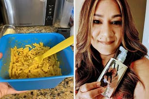 Left: Hand holds blue bowl of macaroni and cheese with yellow spoon on kitchen counter. Right: Smiling woman holds WuW Earth hair product bottle near her face