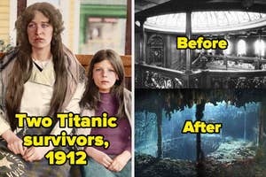 Two Titanic survivors, 1912 (left); comparison of the Titanic's grand staircase before (top right) and after sinking (bottom right)