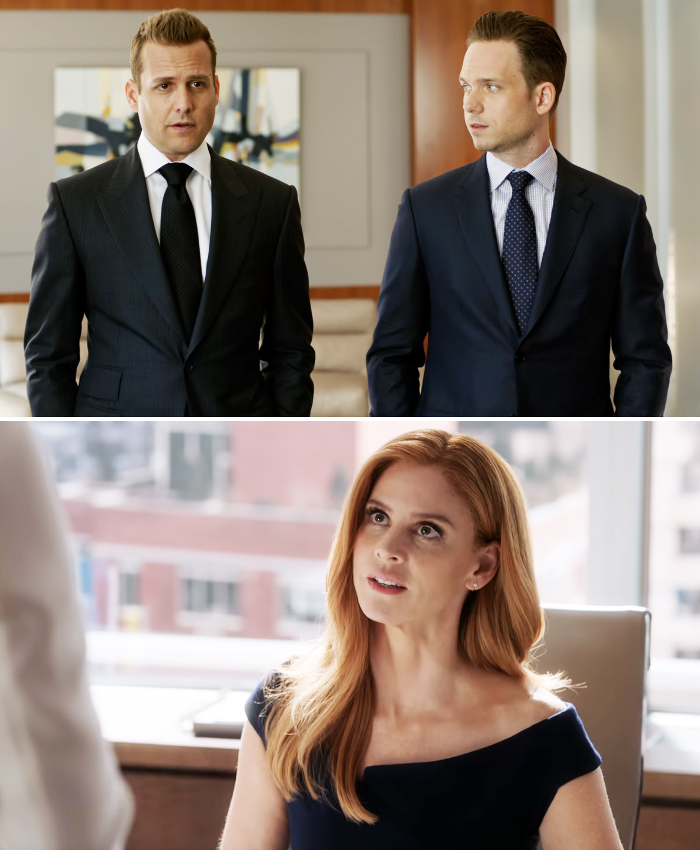 Harvey Specter and Mike Ross in suits stand in an office; below, Donna Paulsen sits at her desk, looking up