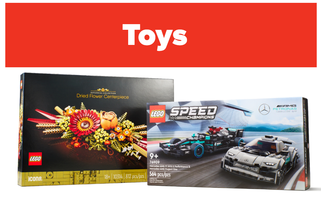 Lego toy sets  featuring a dried flower centerpiece set and a Speed Champions race car set