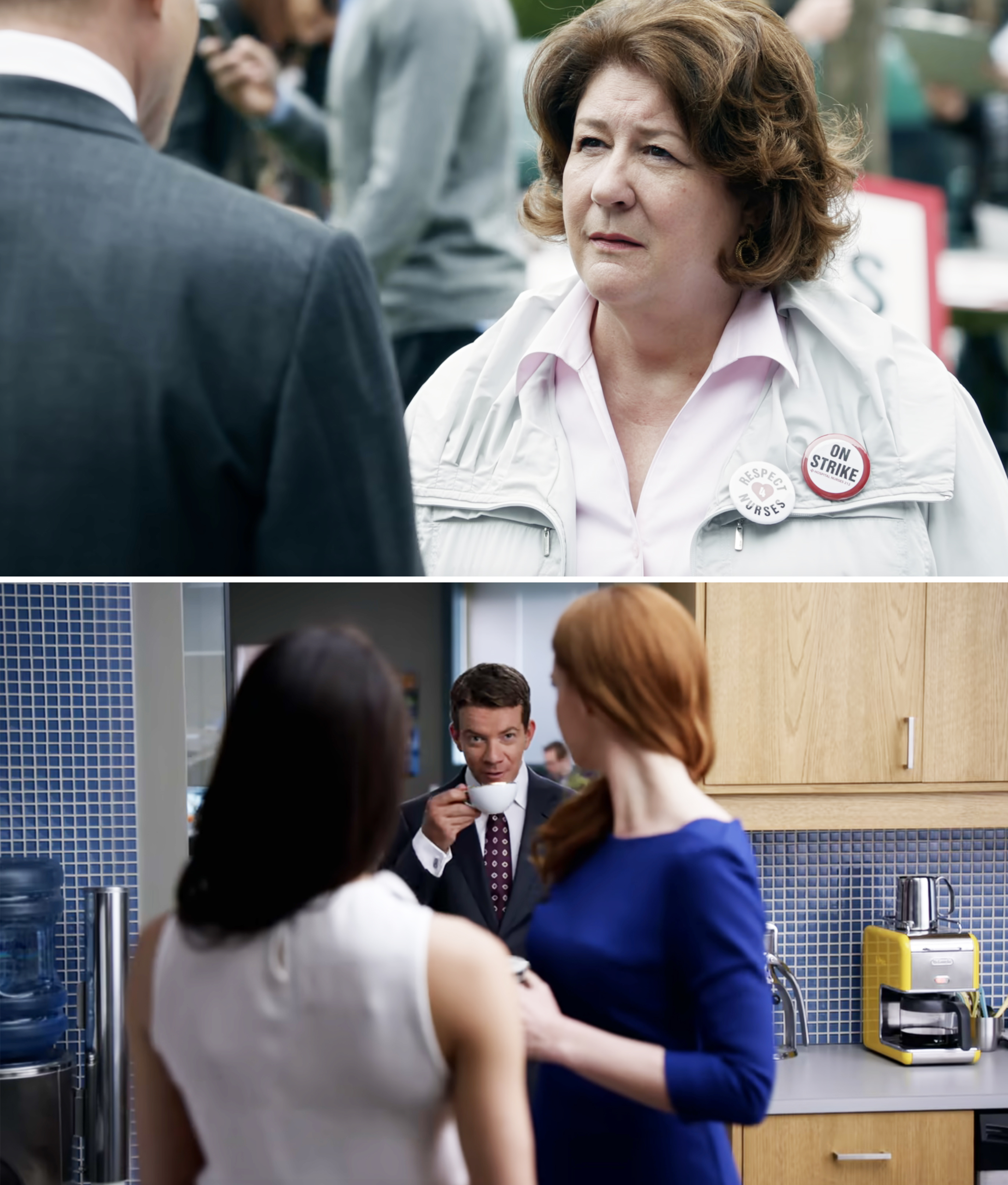 Top: A woman with short hair wearing a pin that says "ON STRIKE."
Bottom: A man speaking to two women in an office kitchen