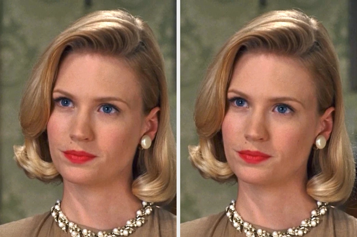 Two side-by-side pictures of January Jones wearing elegant pearl earrings and a statement necklace. She is looking slightly to the right in both images