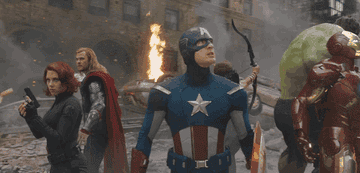 Scarlett Johansson as Black Widow, Chris Hemsworth as Thor, Chris Evans as Captain America, Jeremy Renner as Hawkeye, and Robert Downey Jr. as Iron Man in action scene