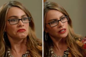 Two side-by-side images of Sofia Vergara wearing glasses, large hoop earrings, and a beaded necklace, making different expressive faces