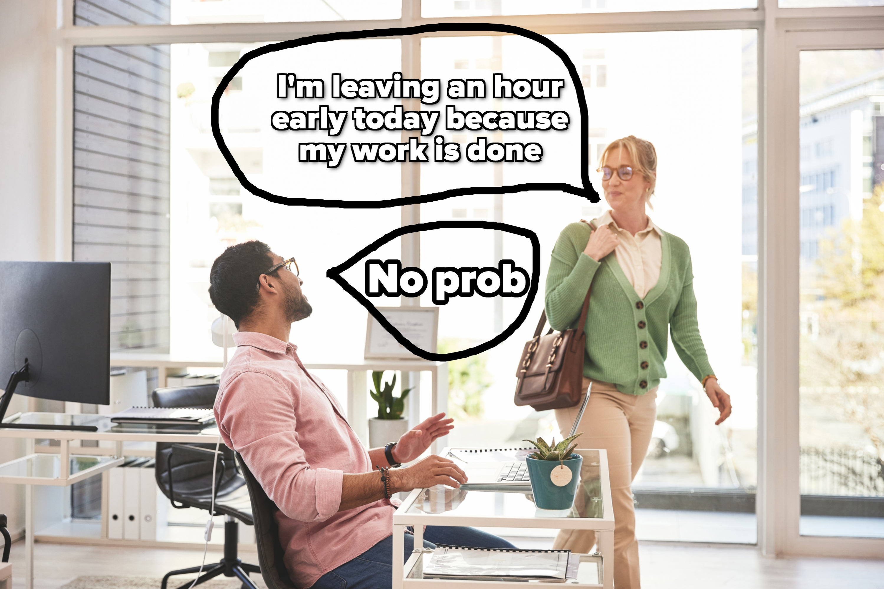 A man in professional attire sits at a desk with a computer, turning to speak to a woman entering the office carrying a shoulder bag