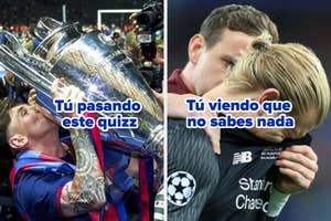 Imagen dividida en dos: la izquierda muestra a un futbolista celebrando con un trofeo; la derecha muestra a otro futbolista triste. Texto: "Tú pasando este quizz" y "Tú viene que no sabes nada"