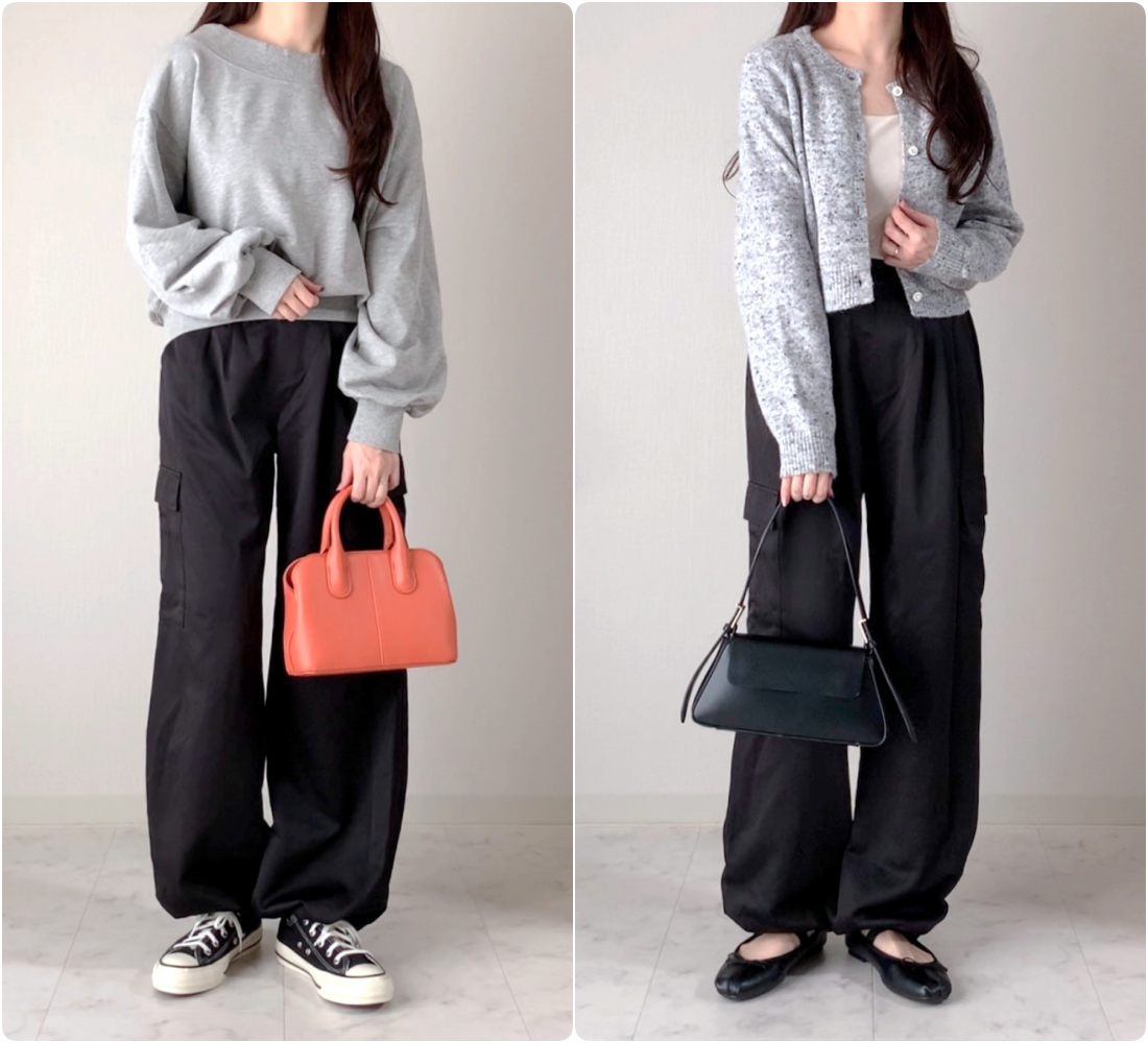 しまむらのおすすめファッションアイテム「MAN＊サテンカーゴパンツ」のコーディネート