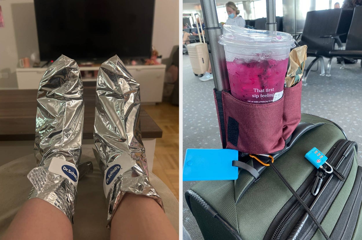 Two photos side by side: left shows feet in reflective silver booties labeled "Dr. Scholl's," right shows a travel drink holder with a pink beverage attached to luggage