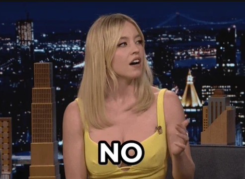Sydney Sweeney on a talk show set with a cityscape background, wearing a sleeveless dress, with the text "NO" overlaid in bold font