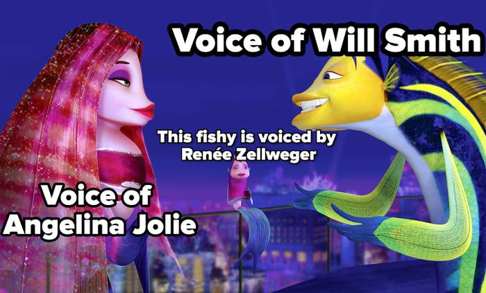 Lola, Oscar, and Angie, characters from "Shark Tale," are having a cheerful conversation on a rooftop with a cityscape in the background