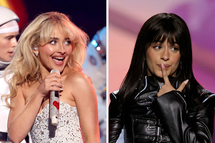 Sabrina Carpenter performs in a sparkling dress next to a performer in an astronaut costume; Camila Cabello poses on stage in a black outfit, touching her lips