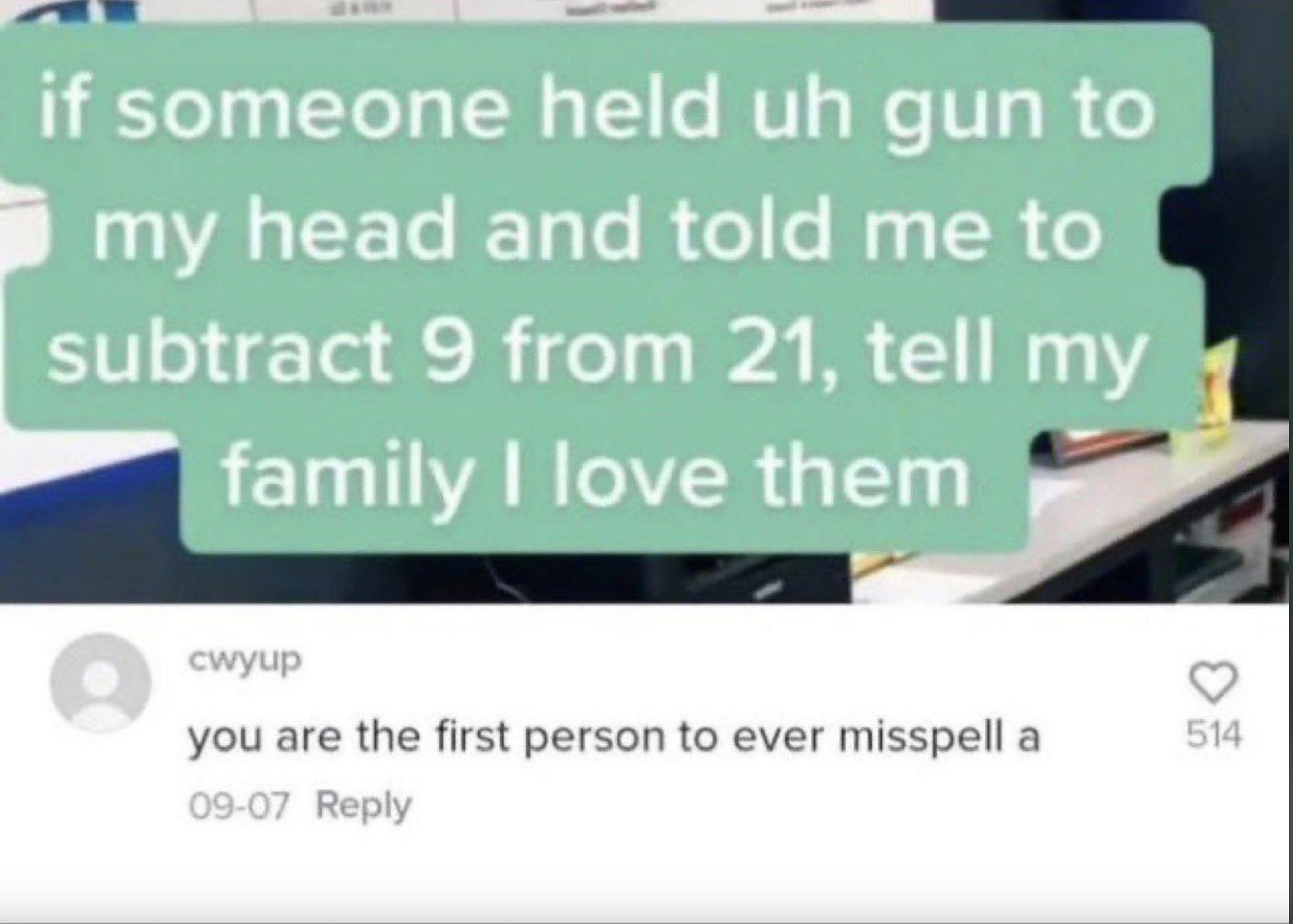 Text image with a humorous post about struggling with subtraction, followed by a comment pointing out a misspelling