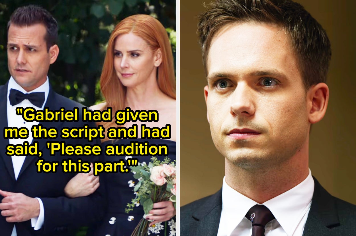 Gabriel Macht and Sarah Rafferty pose together holding a bouquet, while Patrick J. Adams is shown in a separate image. Text reads, "Gabriel had given me the script and had said, 'Please audition for this part.'"