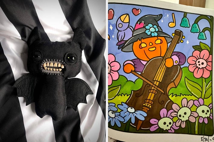 Left: A plush toy bat with textured wings and button eyes lying on fabric. Right: A colorful illustration of a jack-o'-lantern witch playing a cello among flowers and skulls
