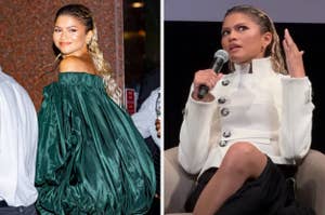 Zendaya on the left wearing a green off-the-shoulder dress, and on the right speaking into a microphone wearing a white jacket and black skirt