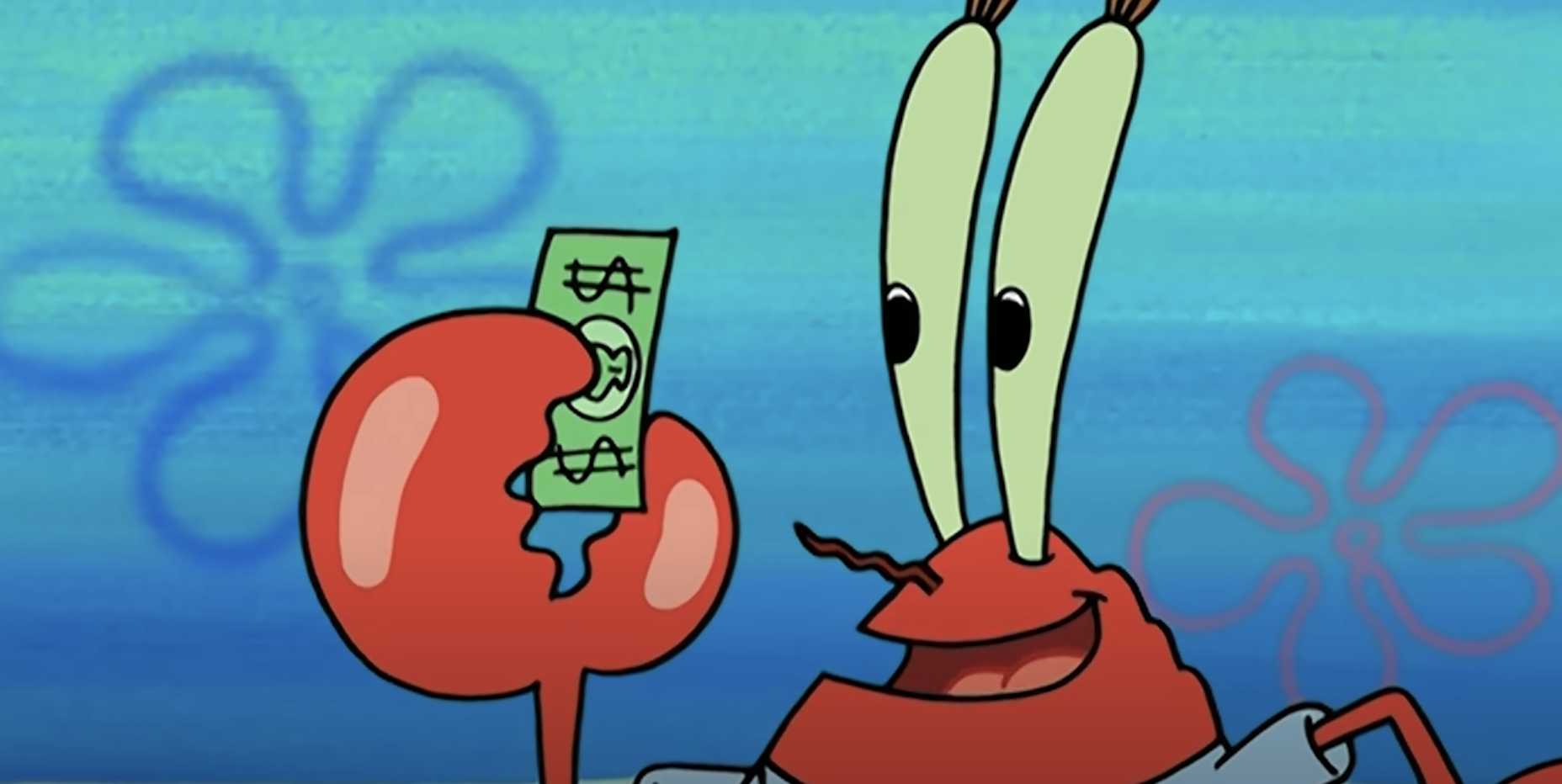 Mr. Krabs from SpongeBob SquarePants cheerfully holding a dollar bill between his claw with a blue, underwater backdrop