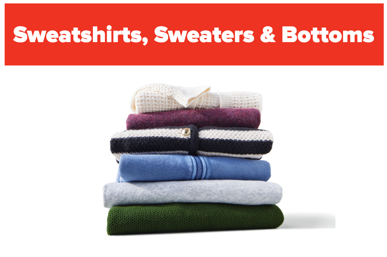 Stack of folded clothing including sweatshirts, sweaters, and bottoms under a banner reading "Sweatshirts, Sweaters &amp;amp; Bottoms"