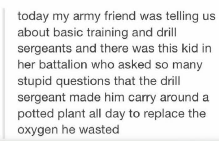 Text post recounting a story of an army friend discussing basic training; a recruit asked so many questions that they had to carry a potted plant to replace wasted oxygen