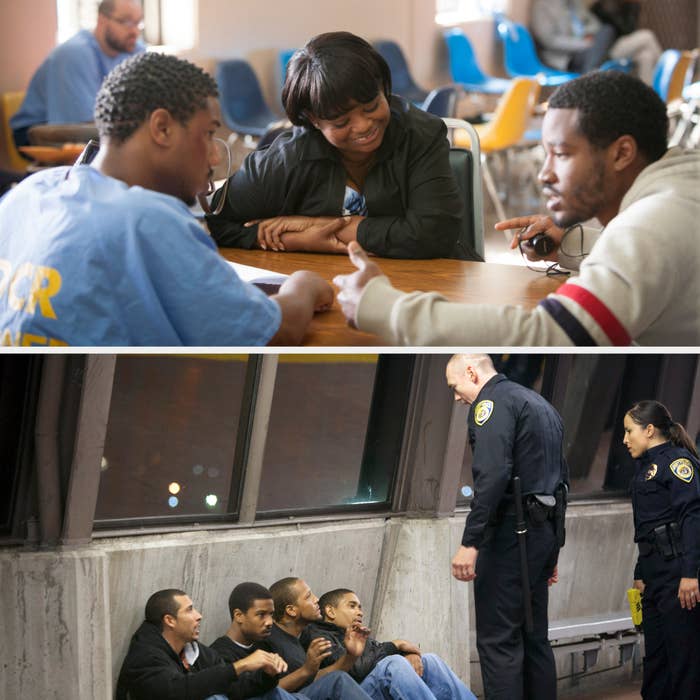 Top: Ryan Coogler directing Michael B. Jordan and Octavia Spencer in a prison setting. Bottom: Police officers standing over four seated young men against a glass wall in a scene from Fruitvale Station