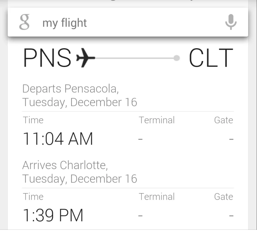 Flight itinerary from Pensacola (PNS) to Charlotte (CLT) on Tuesday, December 16. Departure at 11:04 AM, arrival at 1:39 PM. No terminal or gate info listed
