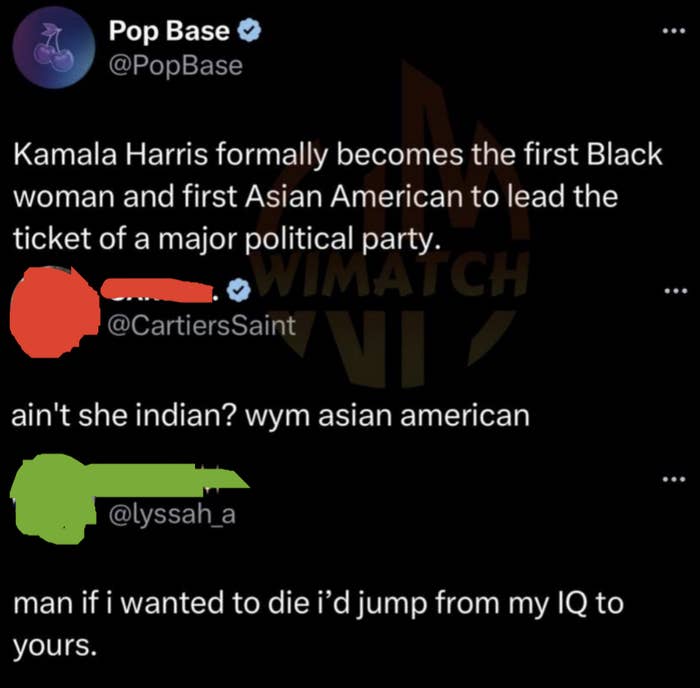 Pop Base tweet about Kamala Harris becoming the first Black and Asian American woman to lead a major political party ticket, with responses by CartiersSaint and lyssah_a