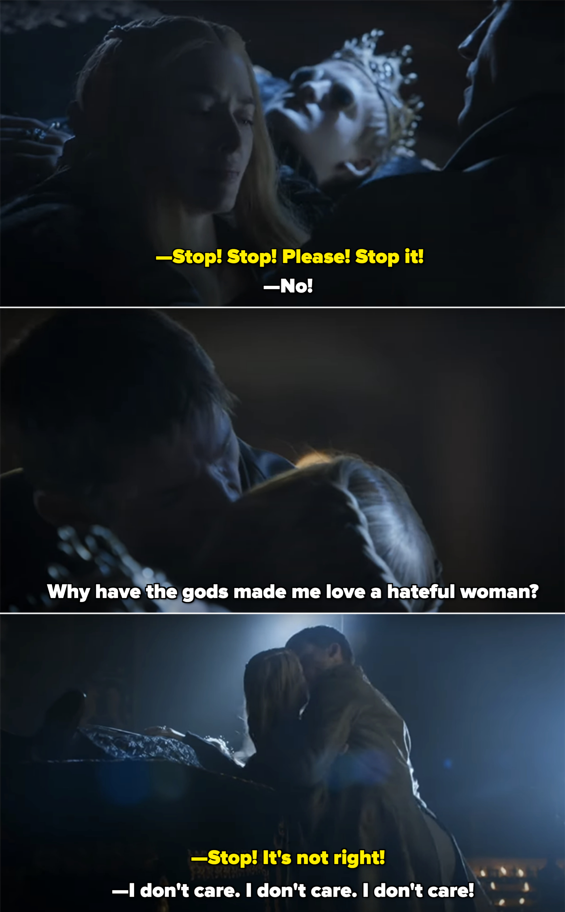 Cersei Lannister holds her deceased son while Jaime Lannister grabs her from behind during a scene in "Game of Thrones"