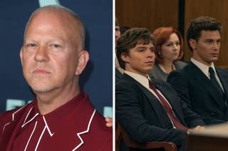 Ryan Murphy at an event on the left; on the right are actors from a courtroom scene in 