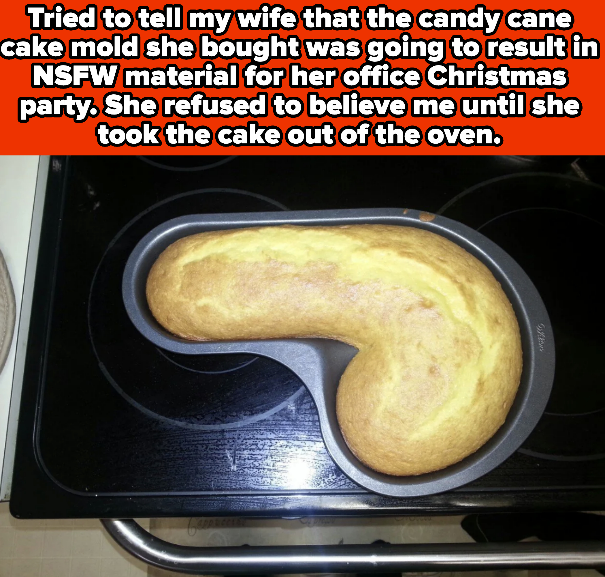 A candy cane-shaped cake mold resulted in a humorous cake that looks NSFW. Text above reads: "I tell my wife that the candy cane cake mold she bought…"