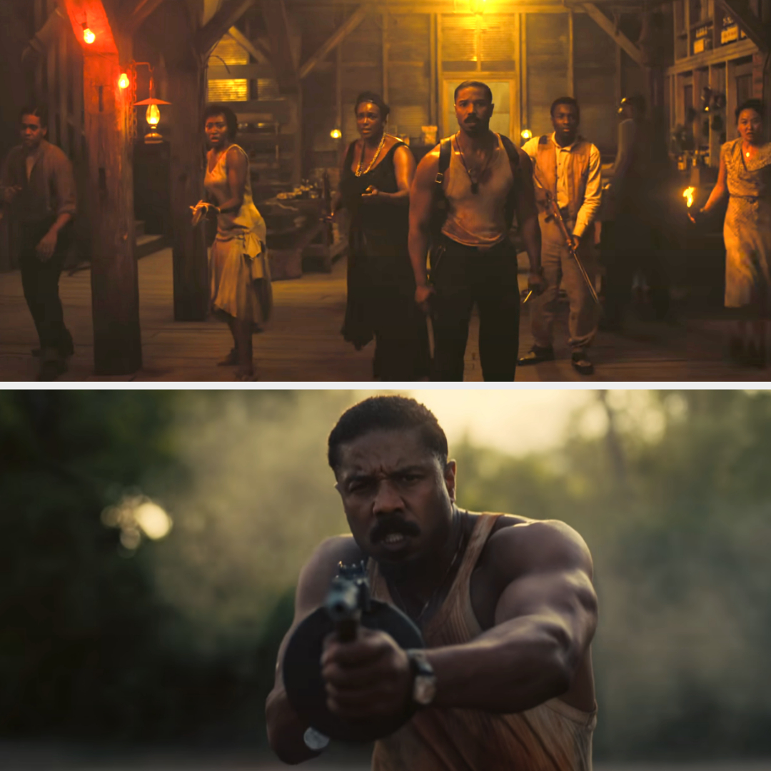 Scene from a movie with Michael B. Jordan and other actors in an intense, dramatic setting. Jordan is shown aiming a gun in a tense moment