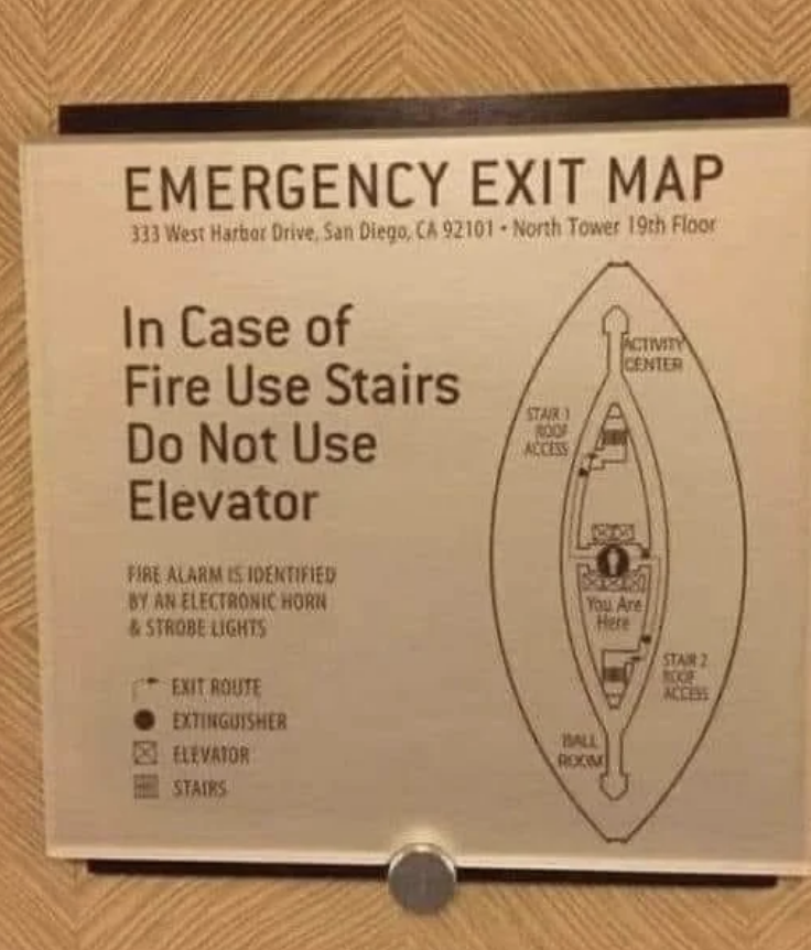 Emergency exit map showing stairs location. Text reads: "In case of fire use stairs, do not use elevator." Includes fire alarm identification instructions