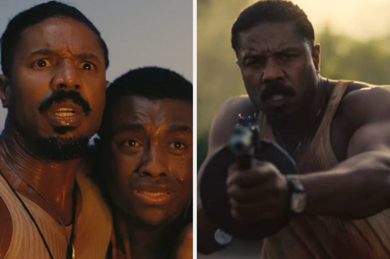 Michael B. Jordan and Chadwick Boseman in an intense scene from a film. Jordan is shown holding Boseman closely in the first image and aiming a gun in the second