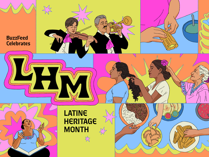 Colorful collage celebrating Latine Heritage Month featuring musicians, food, and cultural activities, with text "BuzzFeed Celebrates LHM."