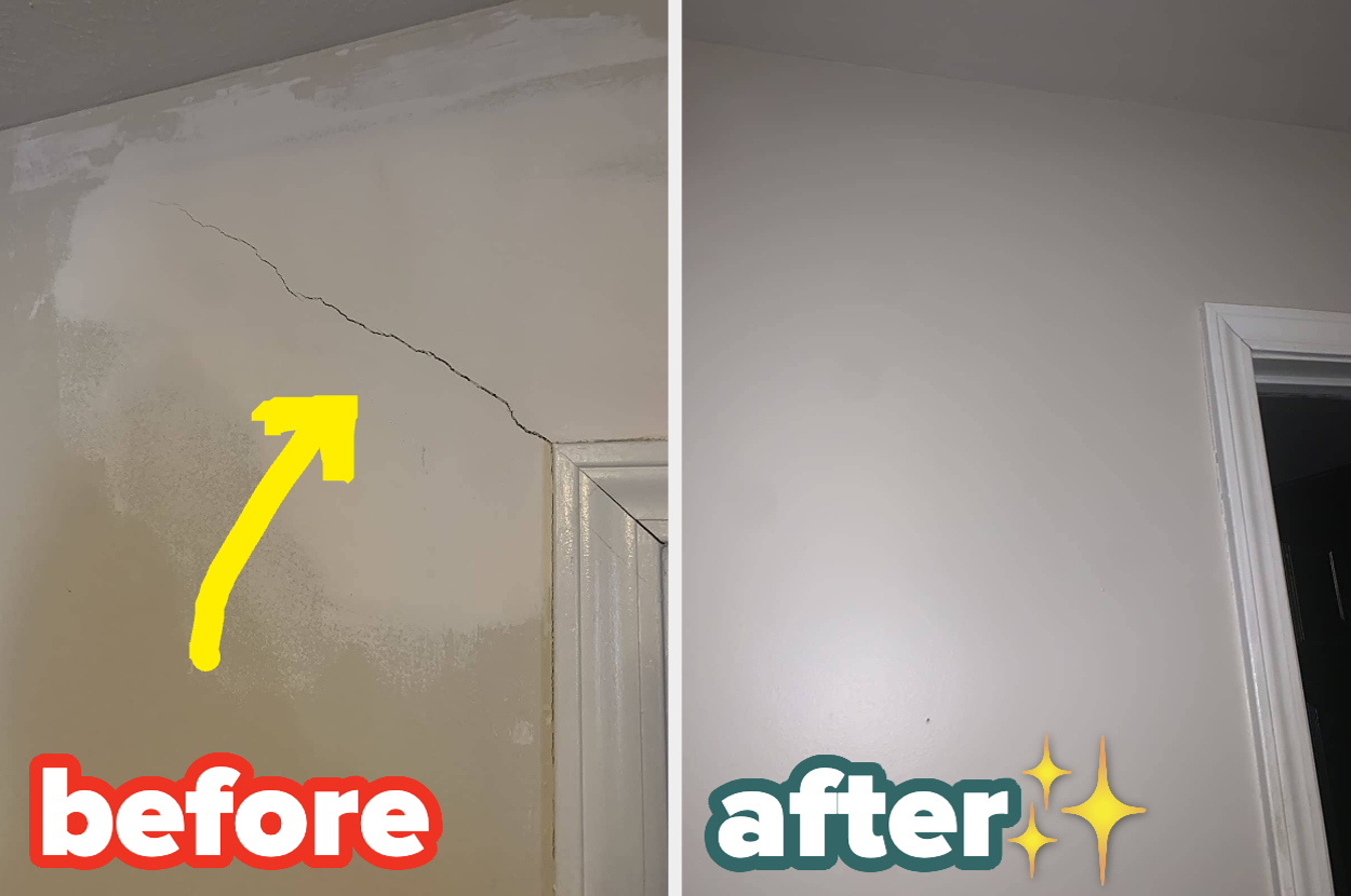 Before and after image showing a cracked wall on the left repaired to a smooth, unblemished finish on the right. Text: "before" and "after"