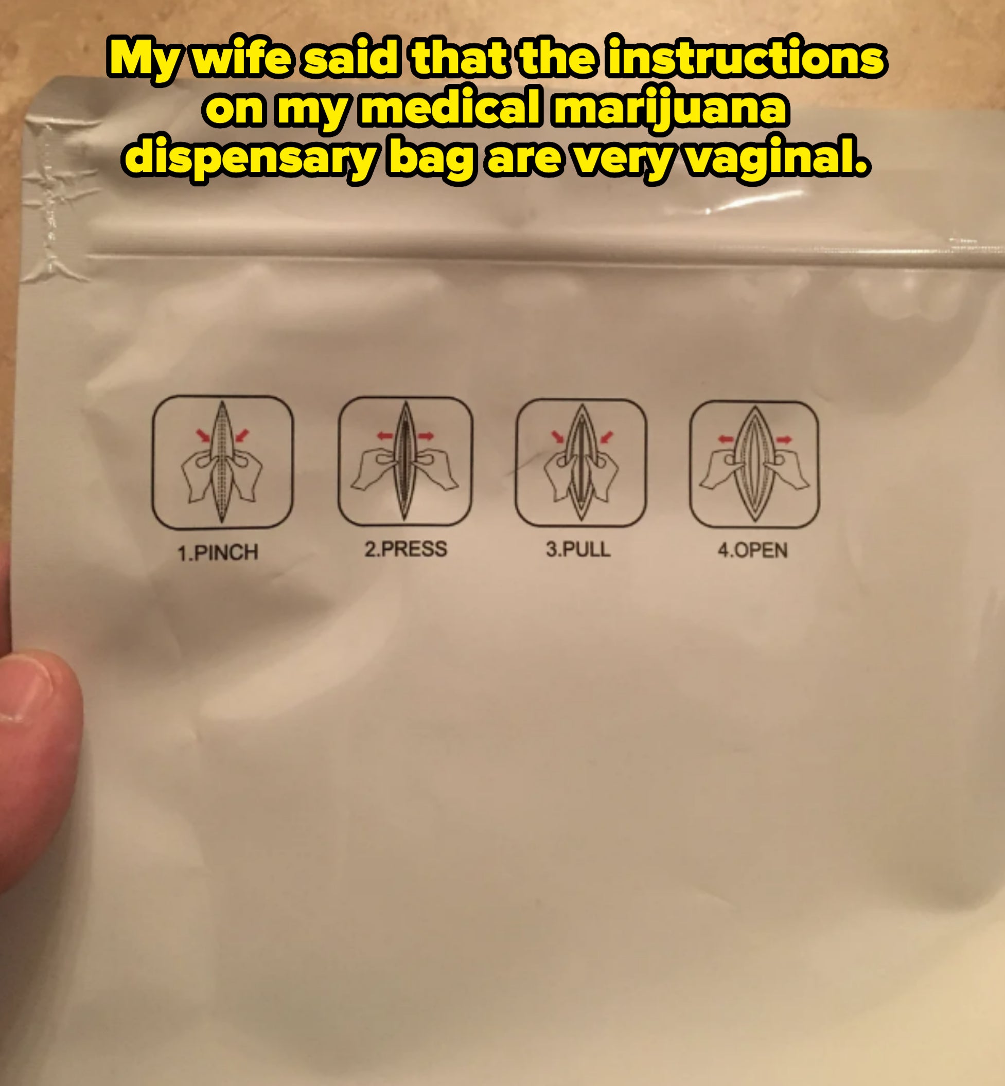 Step-by-step instructions on how to open a package: 1. Pinch, 2. Press, 3. Pull, 4. Open