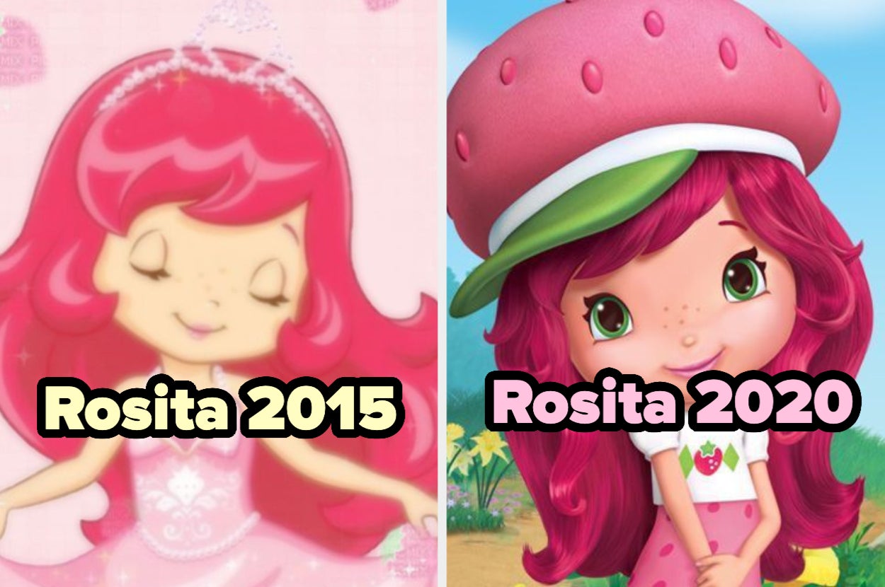 Rosita 2015 y Rosita 2020 de "Strawberry Shortcake", mostrando sus diseños de 2015 y 2020 respectivamente