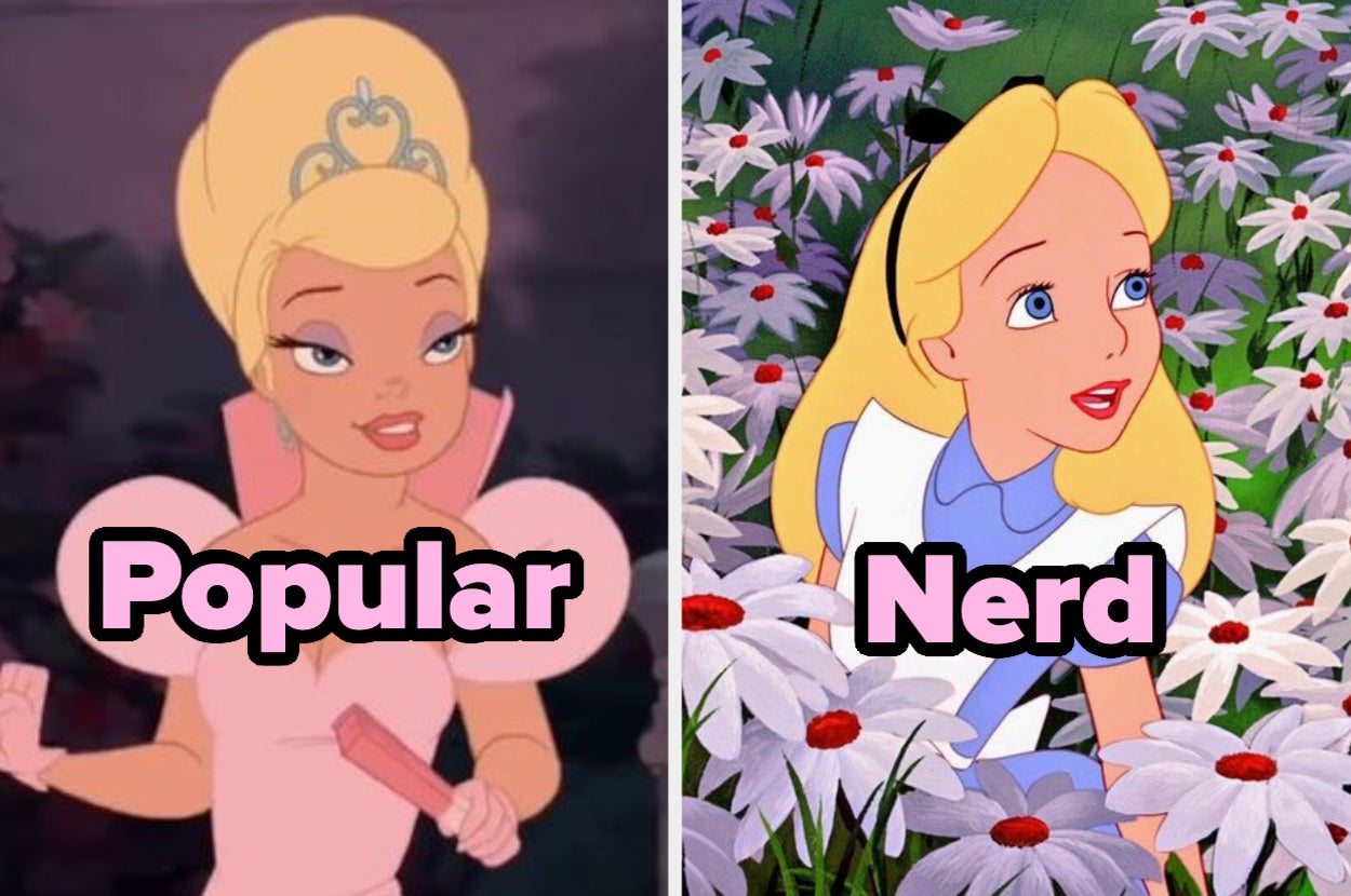 Dos personajes animados: Tiana (vestida como una princesa) con el texto "Popular" y Alice (con un vestido y delantal) con el texto "Nerd"