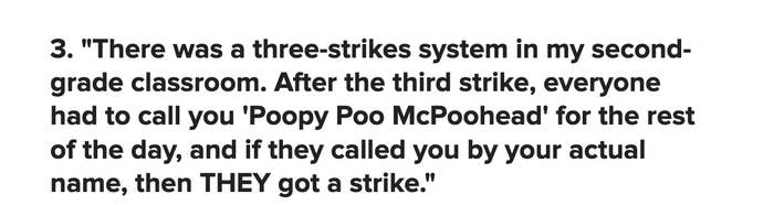 A child in a classroom making a peace sign. The text above reads: "There was a three-strikes system in my second-grade classroom…Priscilla, 22, Connecticut."