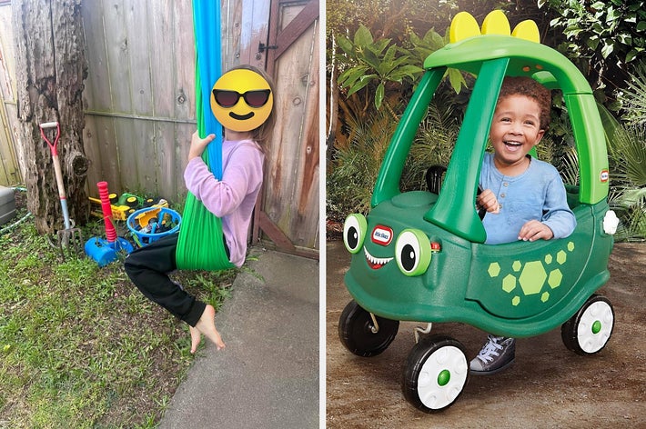 Child swinging on a blue swing next to toys, beside another child in a green toy car resembling a turtle with yellow fins on top