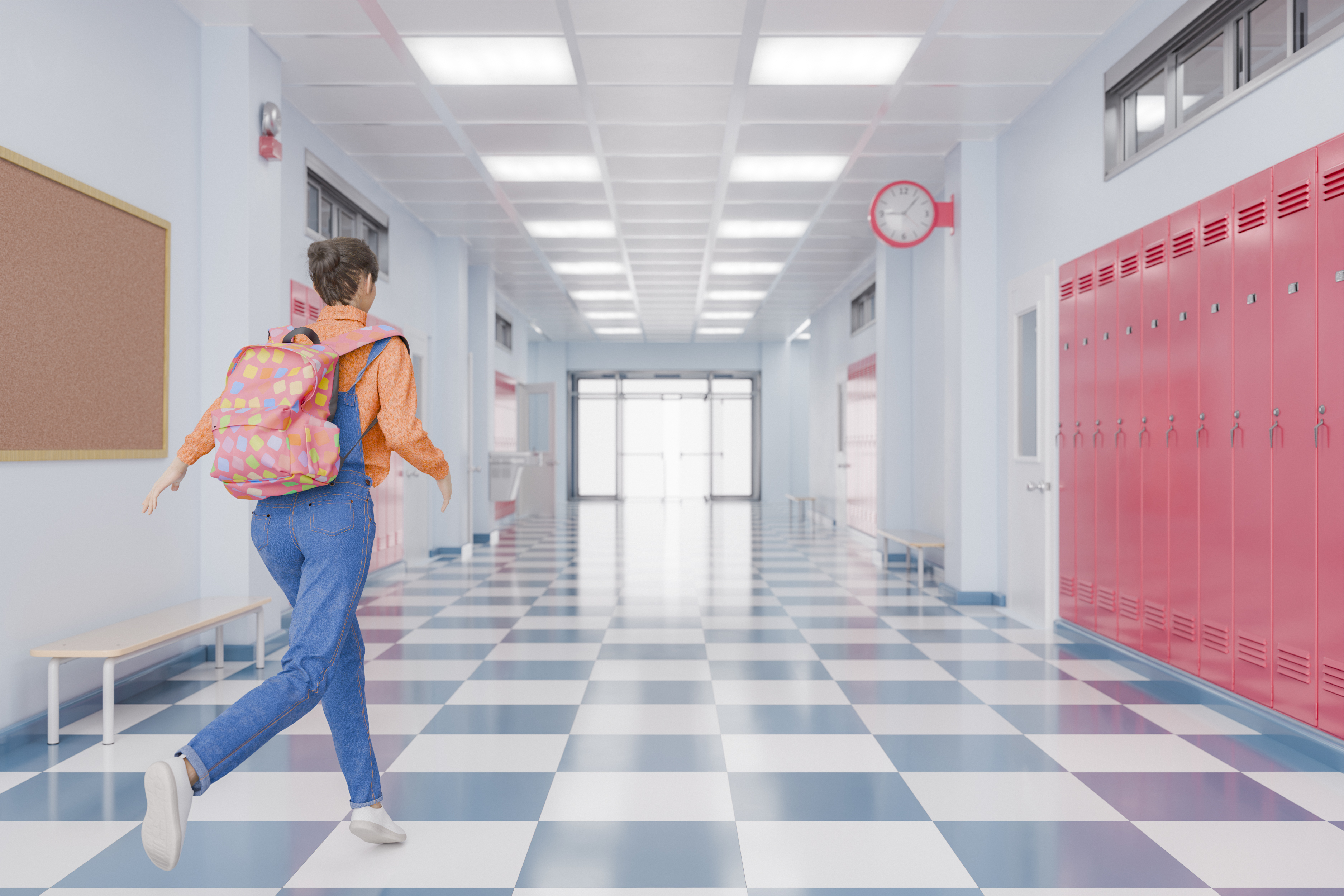 A school hallway with a student wearing a backpack walking quickly toward the exit. Red lockers are on the right side, and a clock is on the wall
