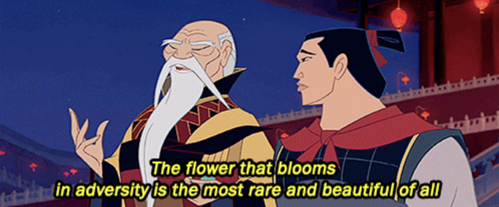 Mulan and Li Shang from Mulan stand and converse. Text reads, "The flower that blooms in adversity is the most rare and beautiful of all."