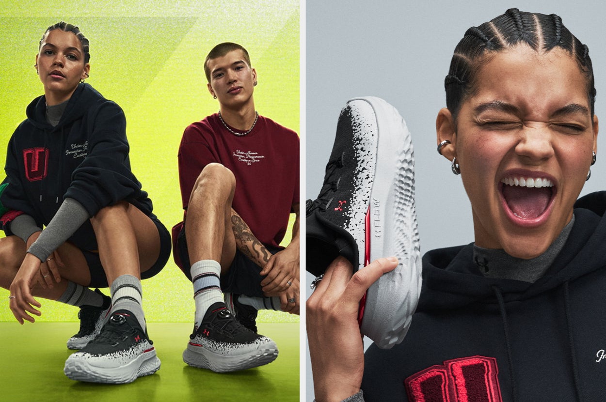 Model wearing hoodie and sneakers crouches next to another model in a red shirt; second image shows model with braids smiling and holding a sneaker to her face