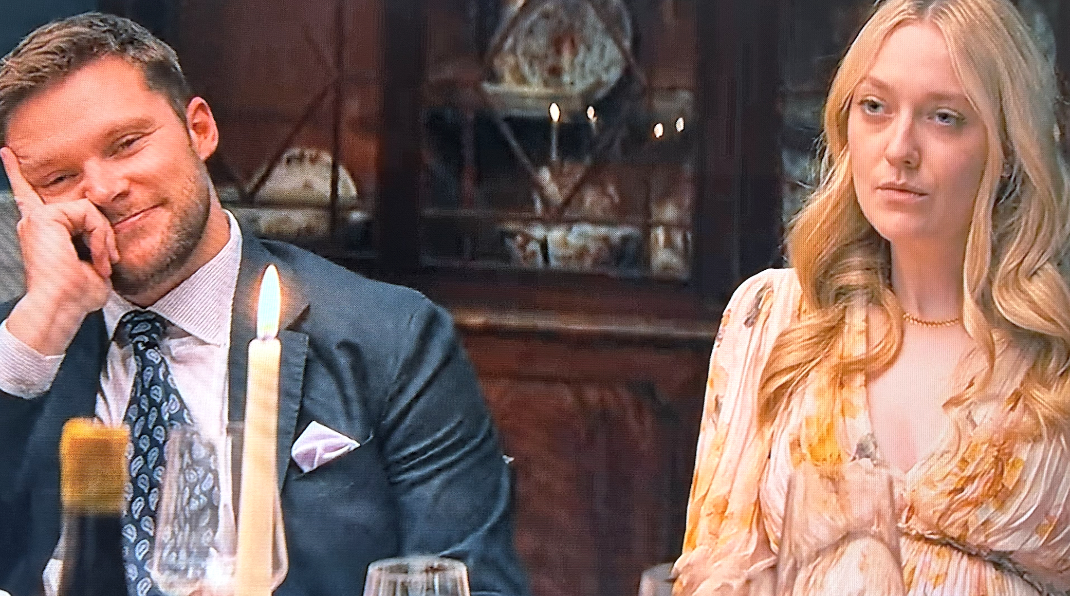 Thomas and Abby at a dinner in Netflix's "The Perfect Couple"