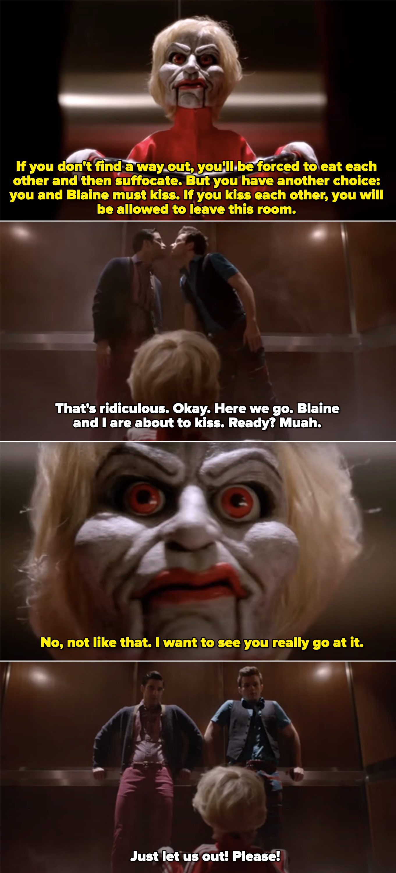A Jigsaw puppet version of Sue confronting Kurt and Blaine in an elevator