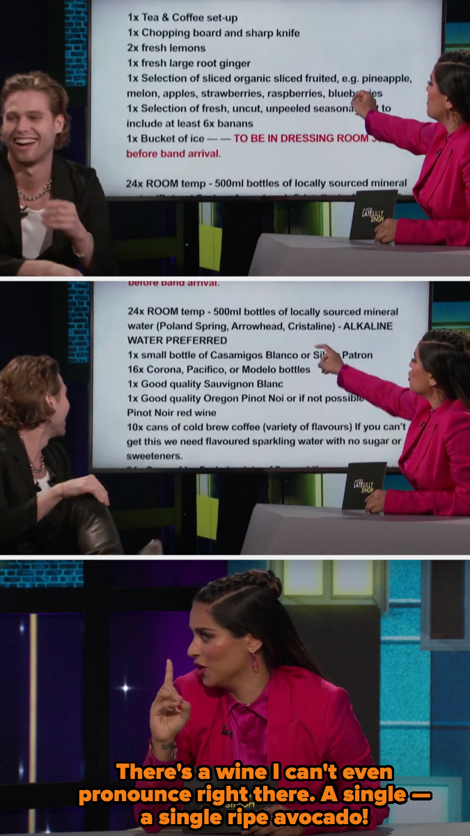 Lily and the band discuss items on screen, including fresh ginger and ripe avocado. Lily jokes about pronouncing a specific wine