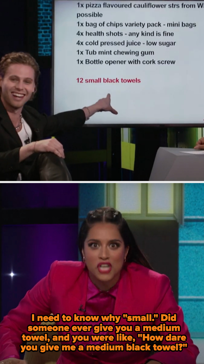 Michael points to "12 small black towels," and Lilly mocking asks if they ever got upset at being given medium towels