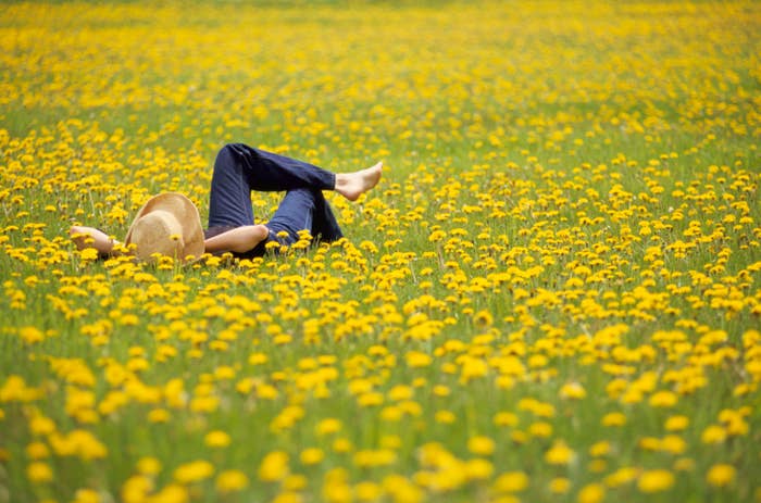 Person lying in a field of yellow flowers with a sunhat covering their face and legs crossed, enjoying a peaceful moment