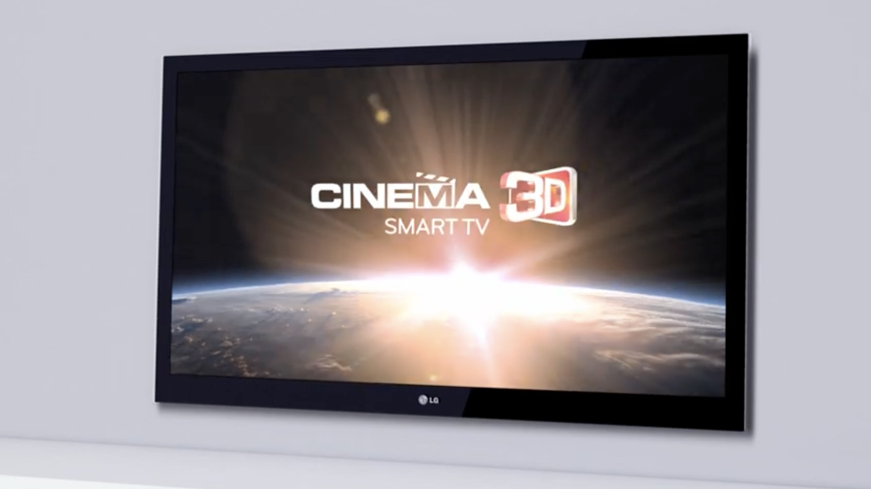 A wall-mounted TV displays "Cinema 3D Smart TV" with an image of the Earth from space and the sun rising over the horizon