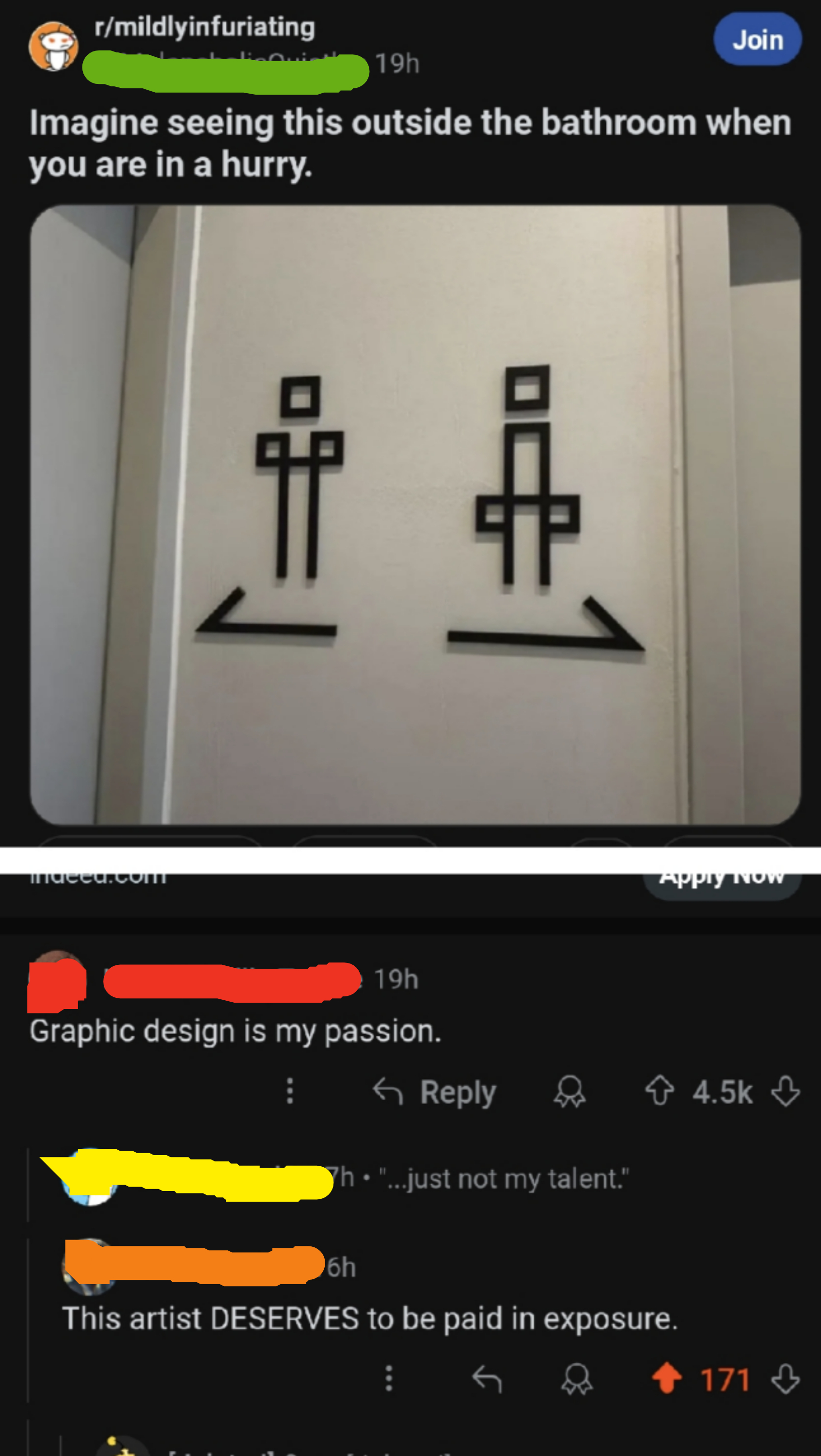 Bathroom sign with humorous design: two stick figures of people sitting on the toilet with different positions, escalating urgency. Social media comments reflect amusement