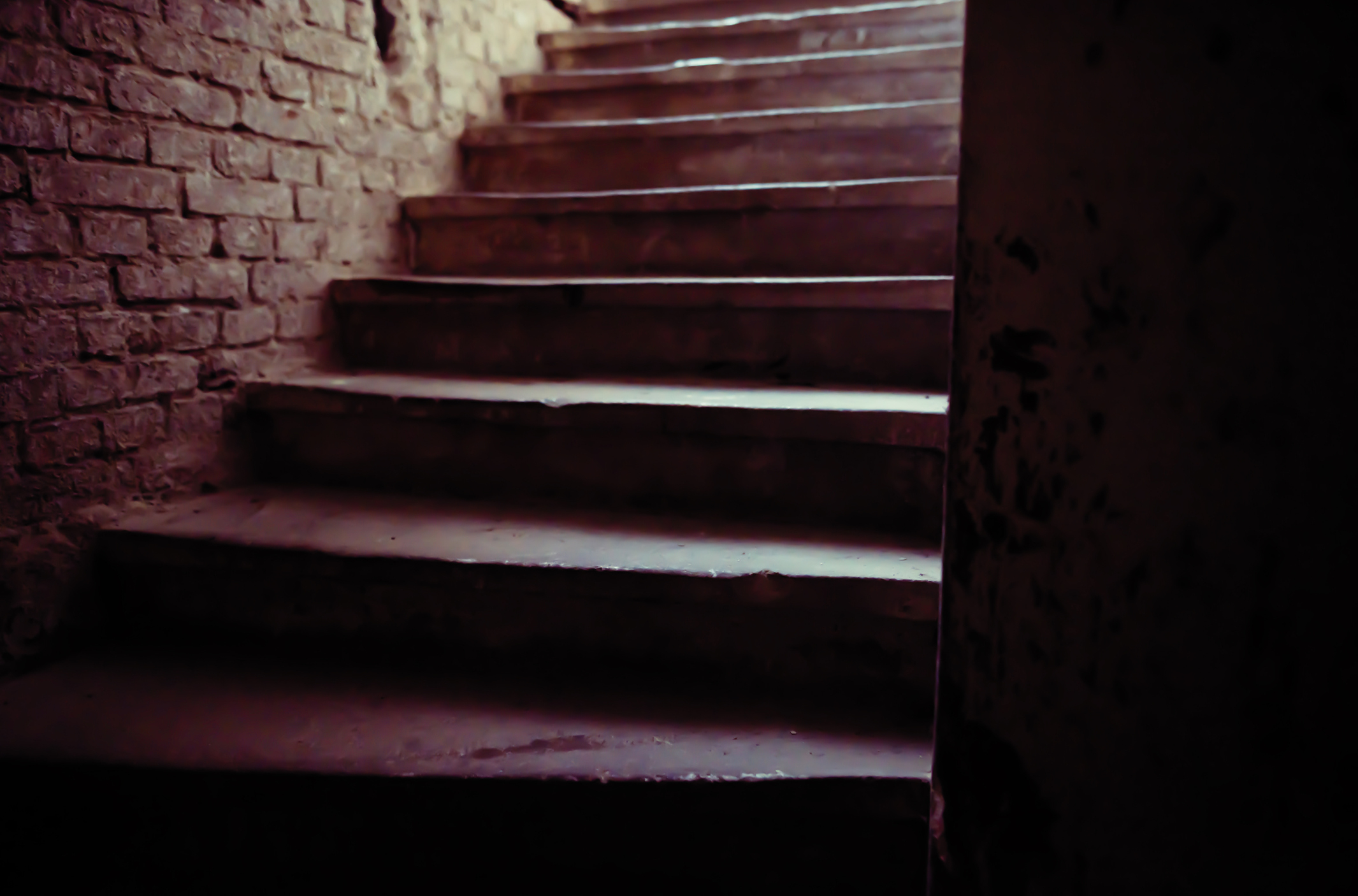 Dimly lit stairway leading up, with brick wall on the left and shadows on the right